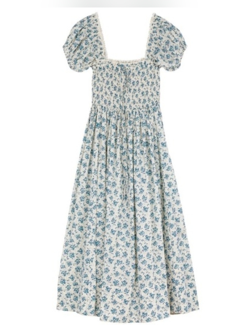 Doen Blue Floral Stanza Puff Sleeve Cotton Midi Dress - Picture 5 of 14